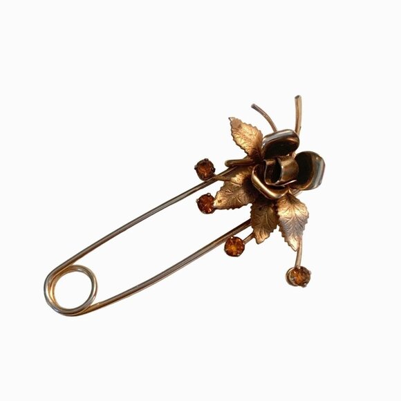 Vintage Flower and Amber Rhinestones Brooch Scarf Pin - Picture 1 of 6